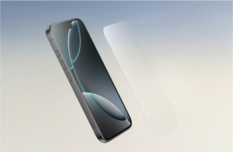 Smartphone con proteggi schermo posto di fronte, che mostra l'installazione di un accessorio di protezione dello schermo Belkin.