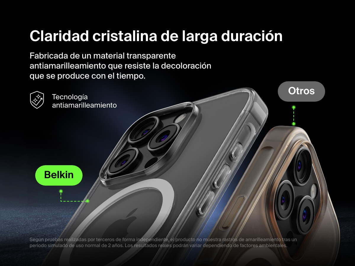 A comparison image showcasing the anti-yellowing technology of the Belkin SheerForce&trade; Magnetic iPhone Case. The Belkin case remains crystal clear over time, while a competing case appears yellowed. The text highlights the long-lasting clarity and resistance to discoloration, ensuring the case maintains its sleek, transparent design even after extended use.