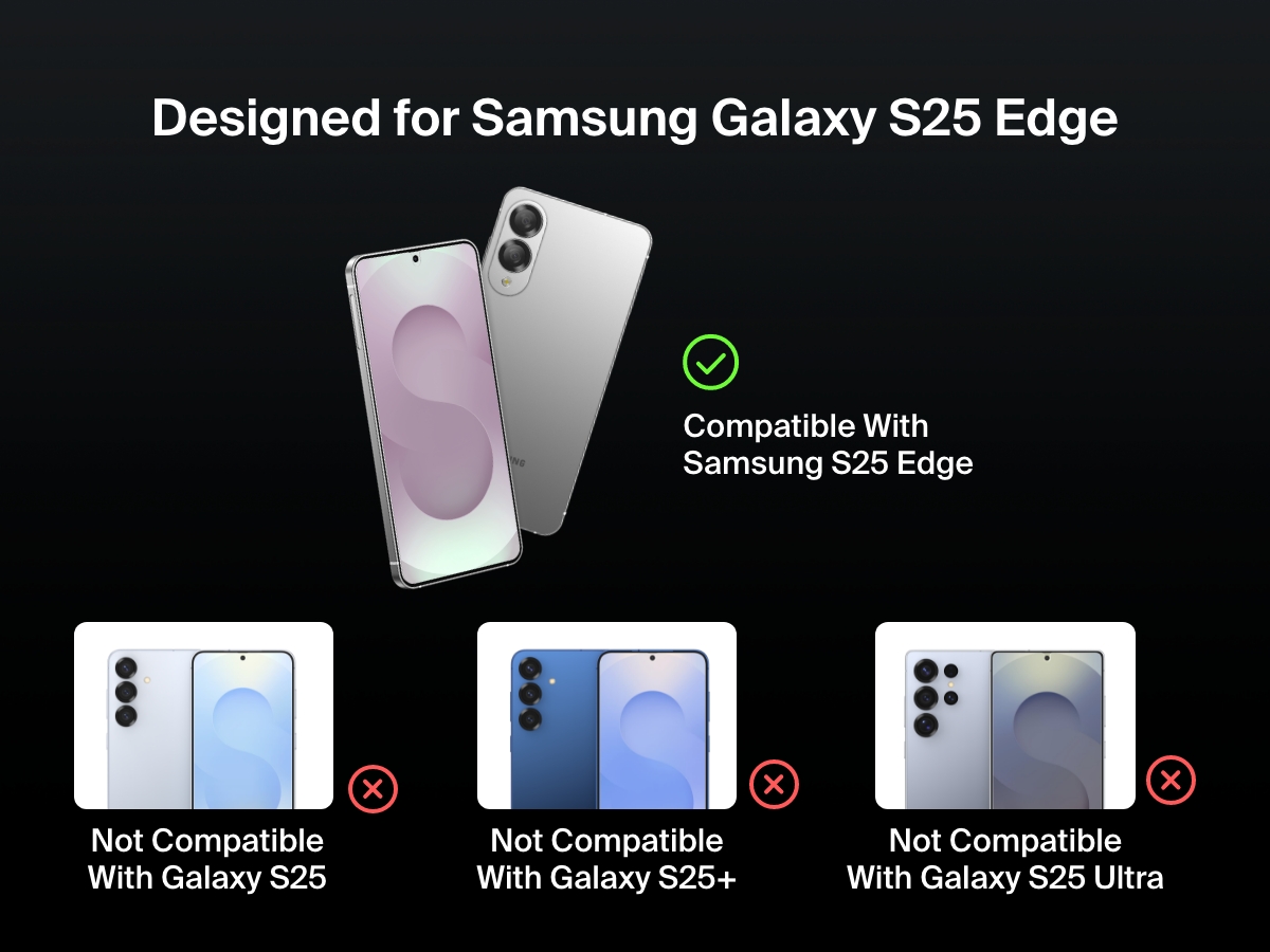 ScreenForce InvisiGlass保護フィルムの互換性ガイド。Samsung Galaxy S25 Edgeとは互換性がありますが、Galaxy S25、S25+、S25 Ultraとは互換性がないことが示されています。各携帯電話モデルの画像が、対応するチェックマークまたはクロスマークとともに表示されます。