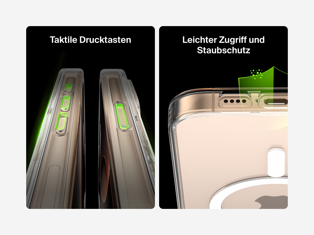 A dual-image showcase of the SheerForce&trade; Magnetic iPhone Case&rsquo;s tactile, clickable buttons and dust-proof protection. The left image highlights the precisely designed buttons that offer a responsive and comfortable press. The right image focuses on the dust-resistant port cutouts, ensuring easy access while protecting against dirt and debris buildup.