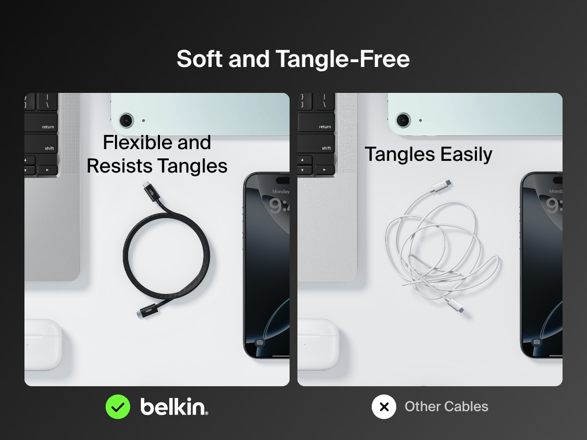 Side-by-side image showing the Belkin BoostCharge USB-C to USB-C Cable 60W as a soft, flexible, and tangle-resistant option compared to standard cables that tangle easily.