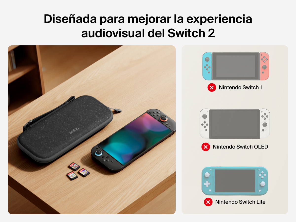 Se muestra una funda de viaje de Belkin Gaming colocada junto a la Nintendo Switch 2, con iconos que indican la compatibilidad exclusiva con Switch 2 (incompatible con los modelos Switch, OLED y Lite).
