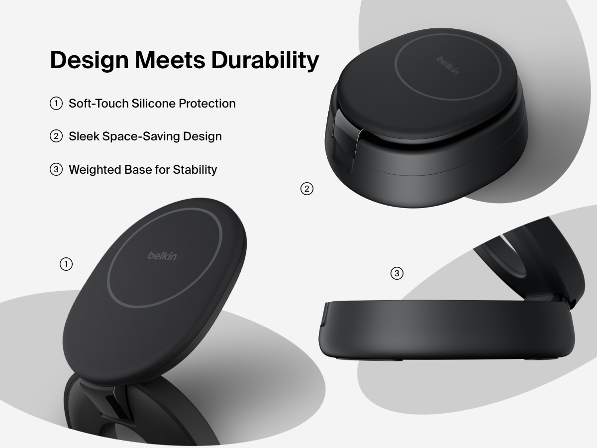 Belkin BoostCharge 2-in-1 Convertible Magnetic Charging Stand with Qi2 15W features soft-touch silicone, a space-saving foldable design, and a weighted base for added stability.