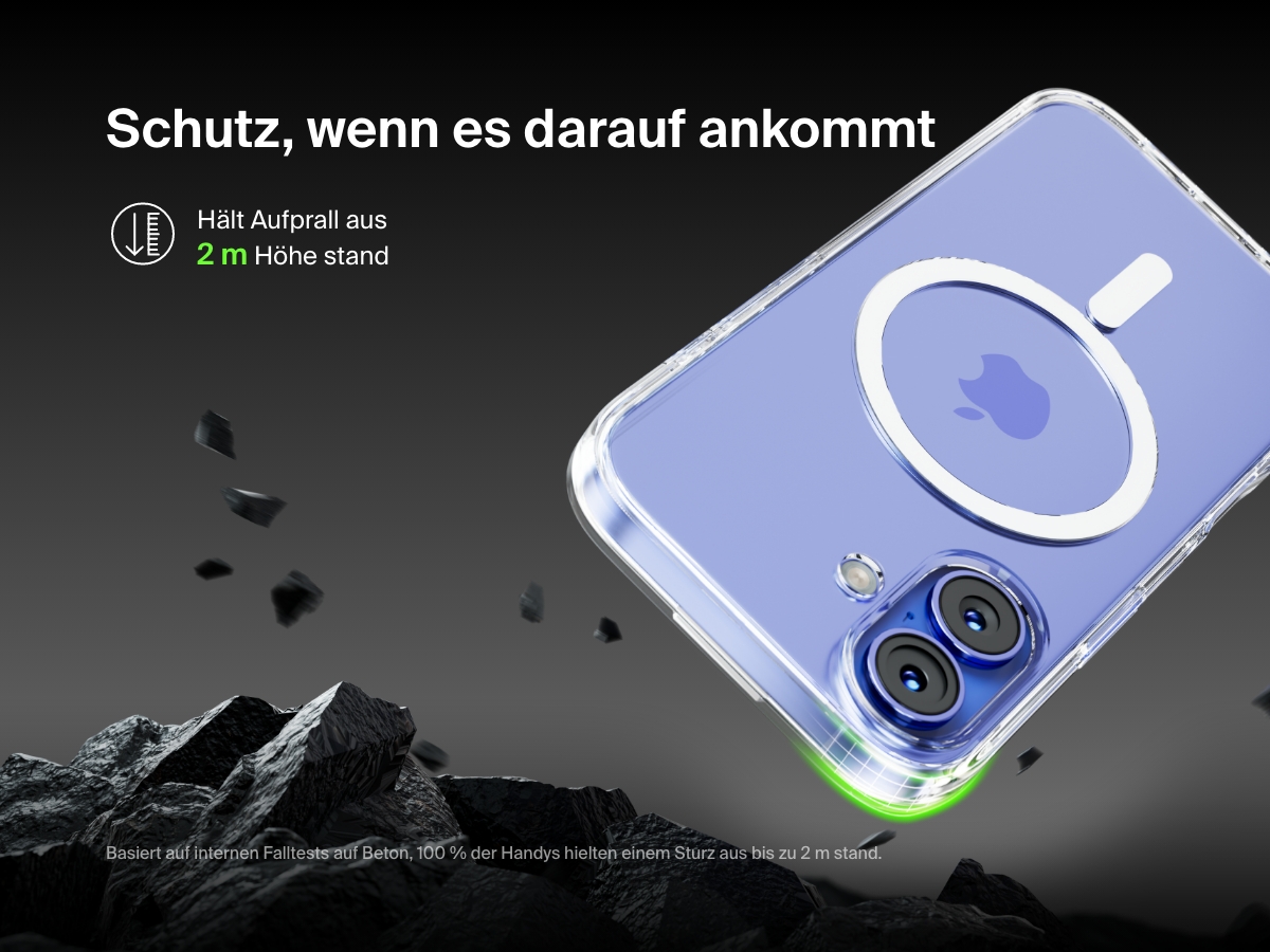 A SheerForce&trade; Magnetic iPhone Case falling onto a rocky surface, emphasizing its 2-meter drop protection. The text highlights the case's durability and ability to withstand drops from up to 2 meters, based on internal drop tests on concrete. The image conveys a rugged, protective design, ensuring enhanced impact resistance for your iPhone.