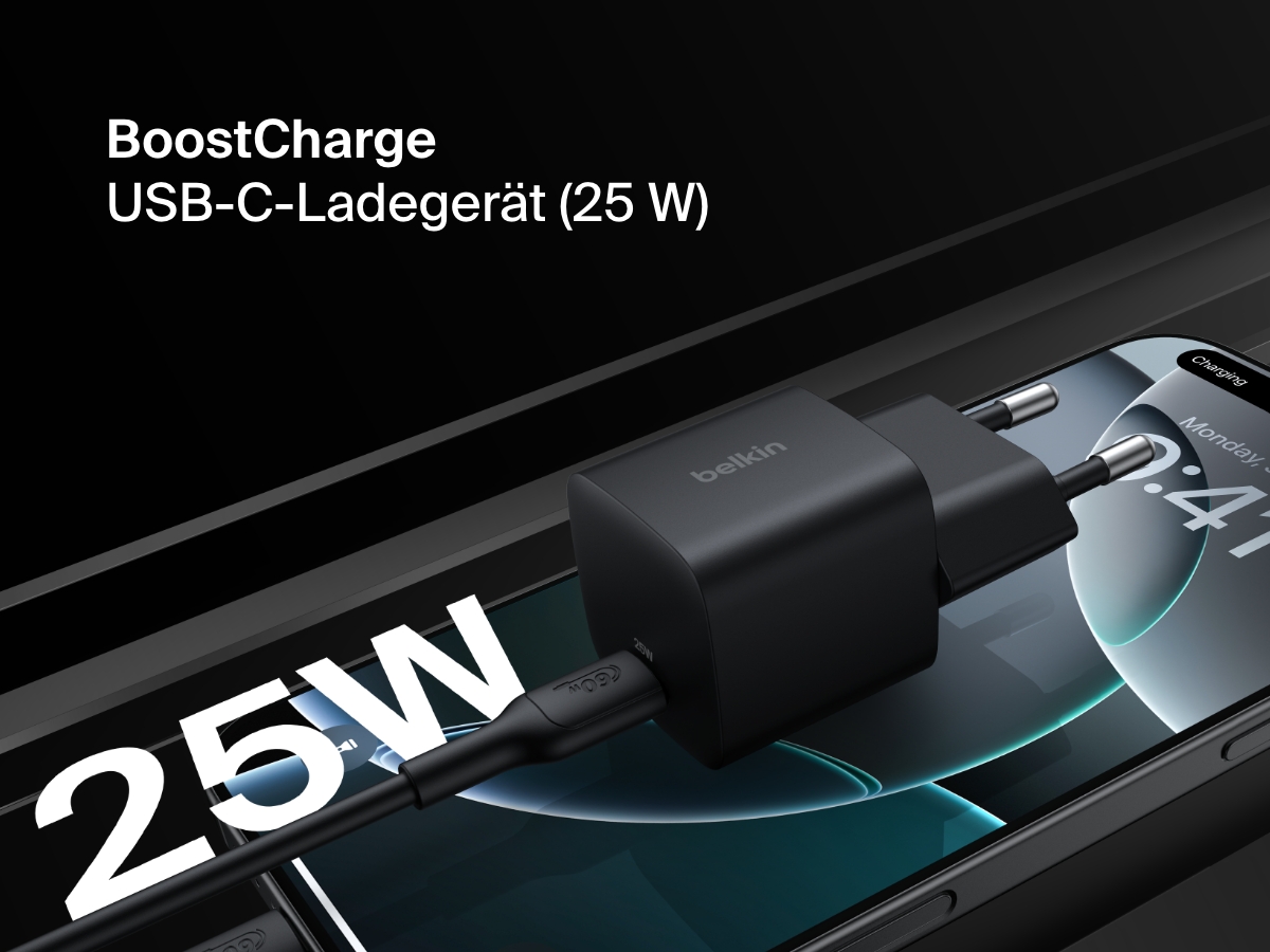 Belkin BoostCharge USB-C Wall Charger 25W shown plugged into a smartphone, highlighting its compact design and fast charging capability.