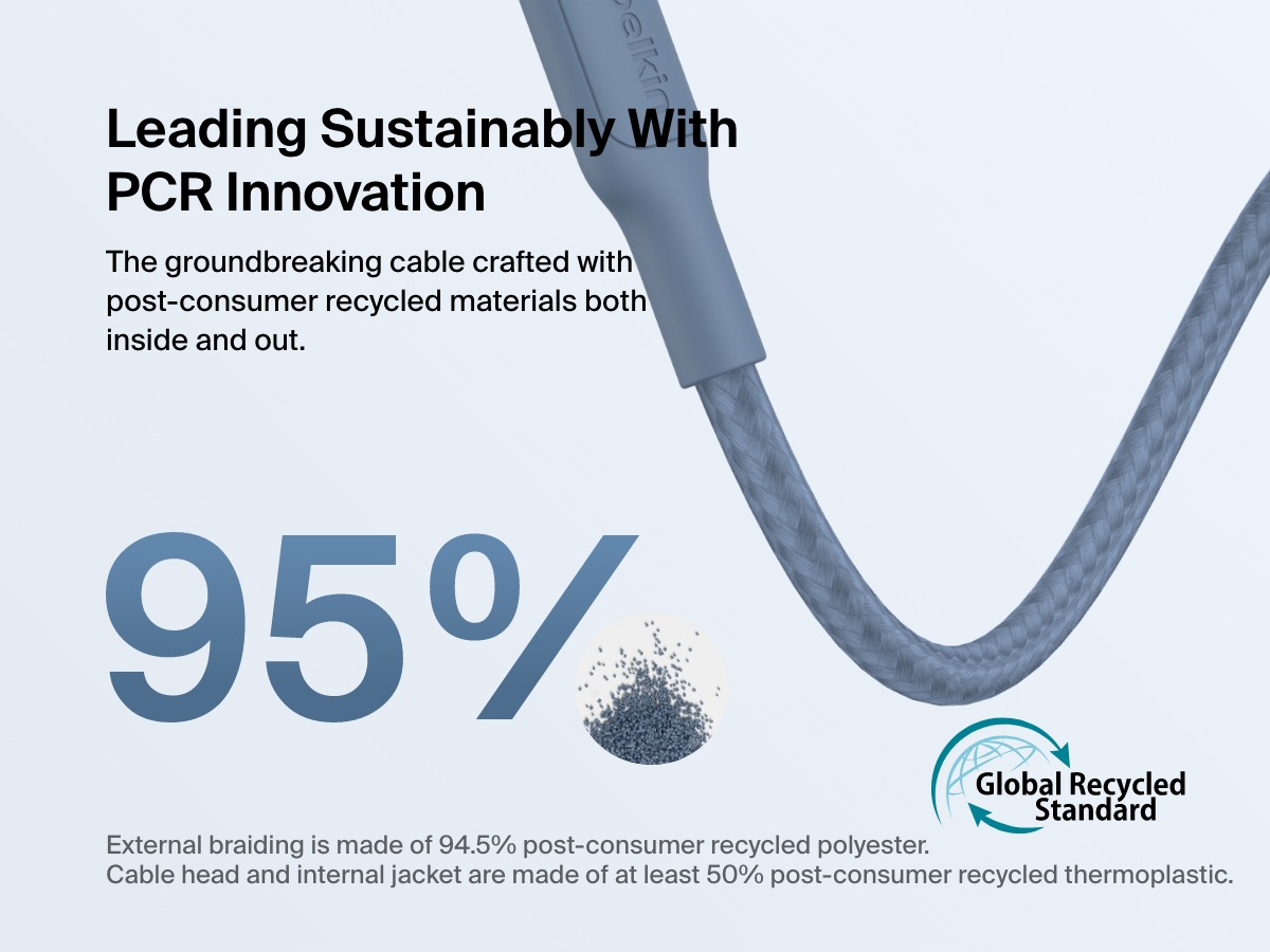 Belkin BoostCharge Pro Braided USB-C to USB-C Cable 60W is sustainably made with 95% post-consumer recycled materials, including 94.5% recycled polyester braiding and a 50% recycled thermoplastic internal jacket.