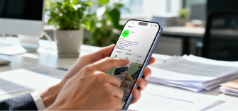 Close-up of a person using a smartphone at a desk with documents and a plant in the background, demonstrating screen interaction in an office setting.