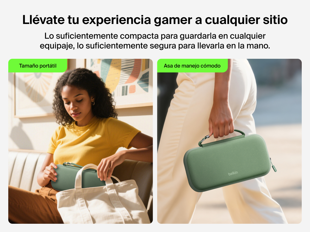 Belkin Gaming Travel Case for Nintendo Switch 2 shown being packed into a tote and carried by its handle, highlighting its portable size and easy-grip convenience for travel.