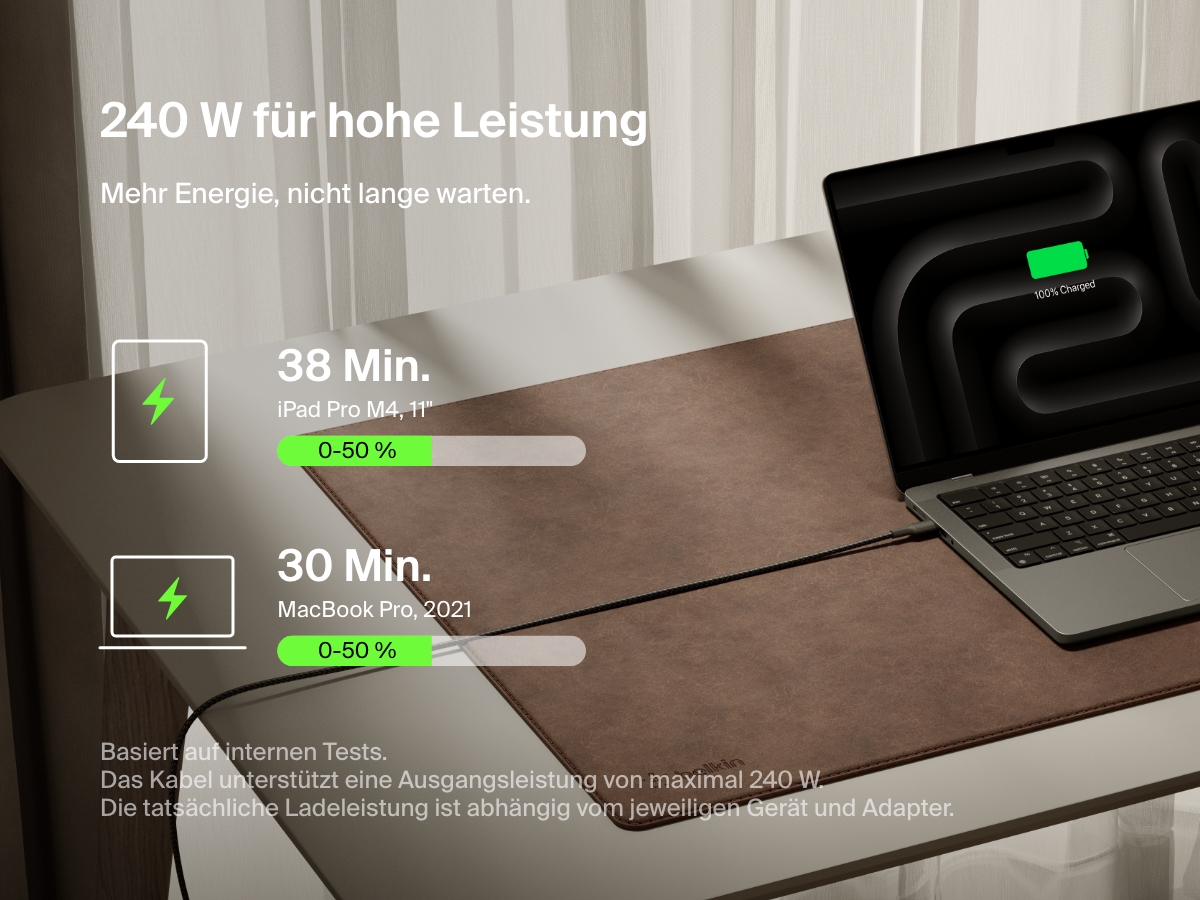 Belkin BoostCharge Pro USB-C to USB-C Braided Cable 240W shown charging a laptop with overlay text highlighting fast charging speeds for iPad Pro and MacBook Pro.