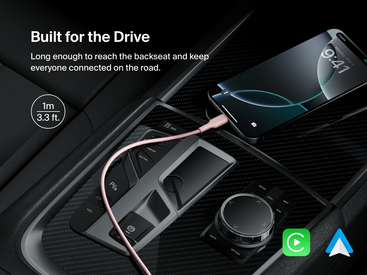 Belkin BoostCharge Pro USB-C to USB-C Braided Cable 60W shown powering a smartphone in a car, with a 3.3 ft length ideal for backseat connectivity and support for Apple CarPlay and Android Auto.