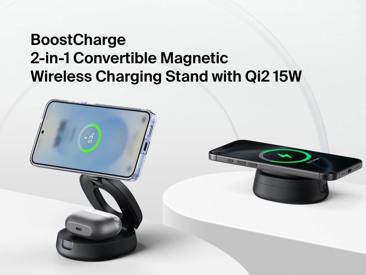 Belkin BoostCharge 2-in-1 Convertible Magnetic Charging Stand with Qi2 15W shown charging a smartphone and wireless earbuds in both upright and flat configurations.