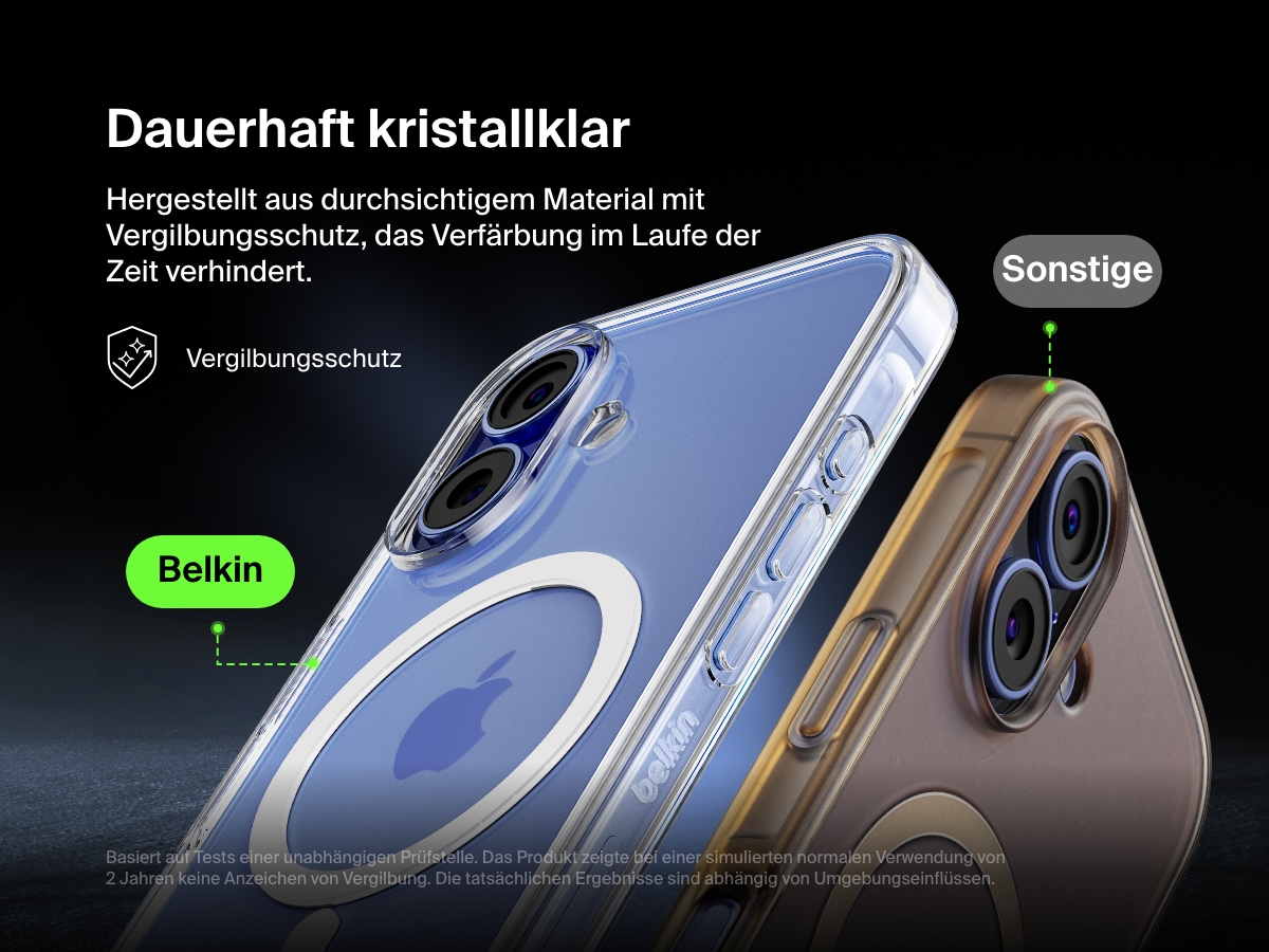 A comparison image showcasing the anti-yellowing technology of the Belkin SheerForce&trade; Magnetic iPhone Case. The Belkin case remains crystal clear over time, while a competing case appears yellowed. The text highlights the long-lasting clarity and resistance to discoloration, ensuring the case maintains its sleek, transparent design even after extended use.