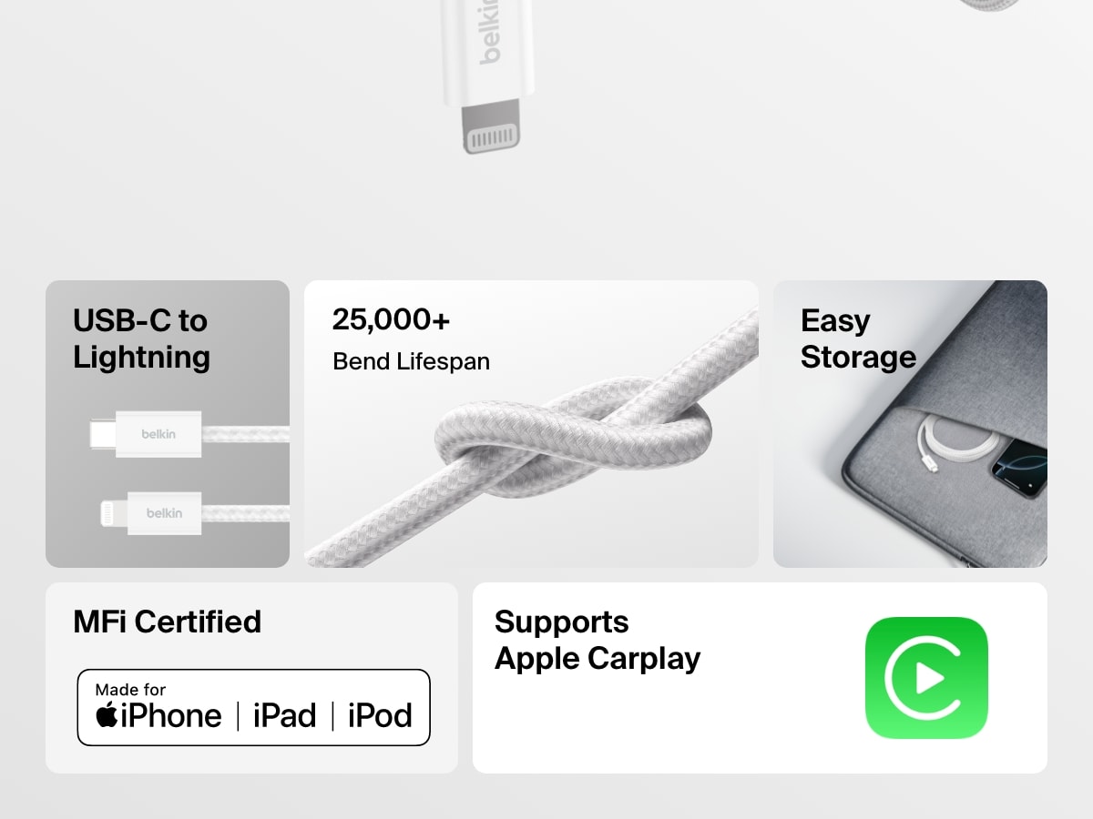 Belkin BoostCharge USB-Cケーブル（Lightningコネクタ付き）は、25,000回以上の折り曲げに耐える耐久性の高い編組デザインです。MFi認証を備え、Apple CarPlayに対応し、iPhone、iPad、iPodデバイスを簡単に収納できます。