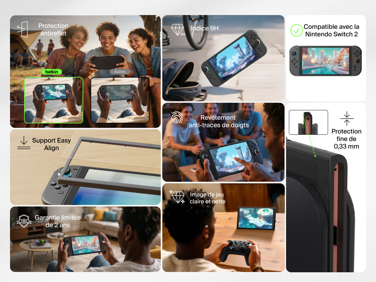 Image montrant les caract&eacute;ristiques de la protection d'&eacute;cran antireflet Belkin pour Nintendo Switch 2. Sur une image, des gamers, pour mettre en avant les avantages du produit Belkin comme la protection antireflet, le rev&ecirc;tement anti-traces de doigts et la clart&eacute; de l'&eacute;cran. D'autres mentions apparaissent sur la finesse de le protection d'&eacute;cran (0,33&nbsp;mm), le support Easy Align, l'indice 9H et la compatibilit&eacute; du produit Belkin avec la Nintendo Switch 2. Un badge fait mention de la garantie &agrave; vie limit&eacute;e.