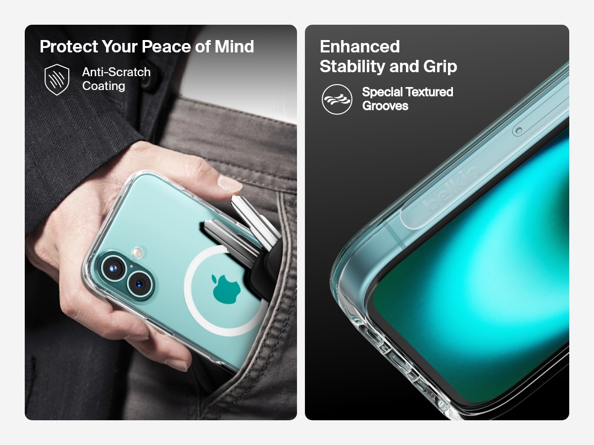 A dual-image showcase of the SheerForce&trade; Magnetic iPhone Case's key protective features. The left image highlights the anti-scratch coating, showing the case protecting an iPhone from keys in a pocket. The right image focuses on the enhanced stability and grip, featuring special textured grooves that improve handling and reduce the risk of slipping.