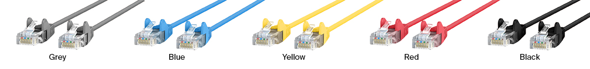 5 Belkin networking cables: one in grey, one in blue, one in yellow, one in red, and one in black.