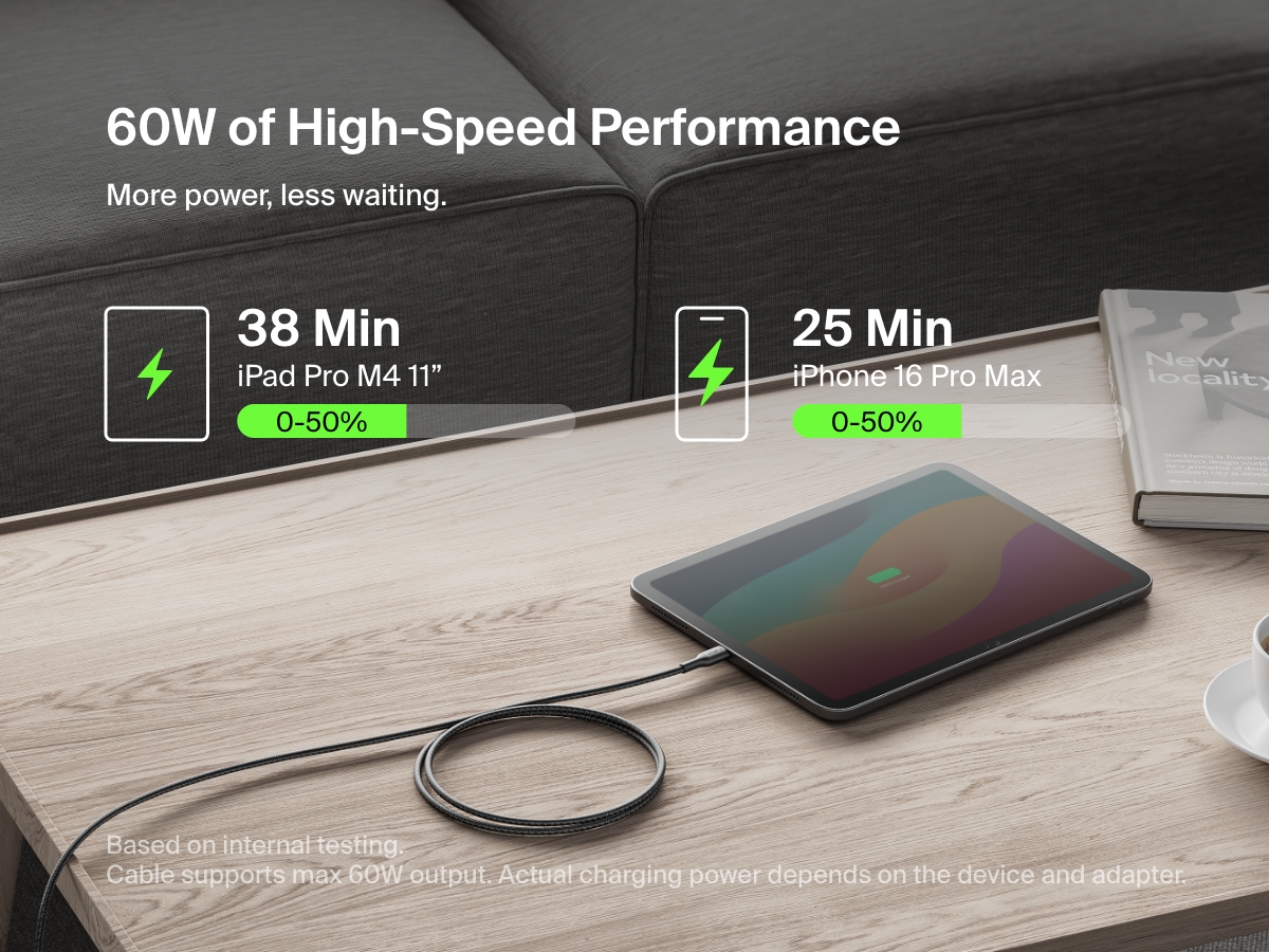 Belkin BoostCharge Pro Braided USB-C to USB-C Cable 60W delivers high-speed charging, powering an iPhone 16 Pro Max to 50% in 25 minutes and an iPad Pro M4 11&rdquo; in 38 minutes.