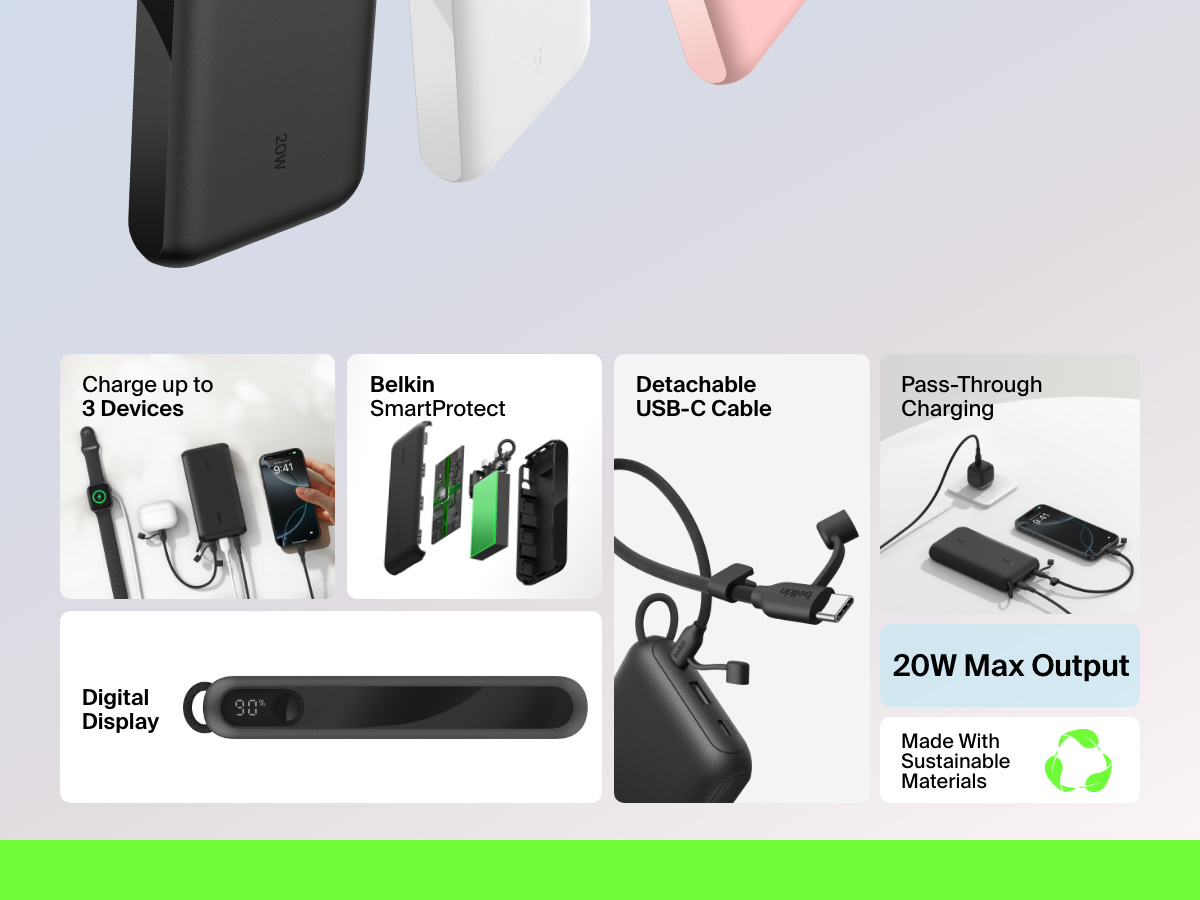 Belkin BoostCharge 디스플레이 탑재 보조 배터리 20K의 기능 개요. 최대 출력 20W, 최대 3대의 장치 충전 기능, SmartProtect 안전 기능, 패스스루 충전, 탈착식 USB-C 케이블, 친환경 소재 등을 강조합니다.