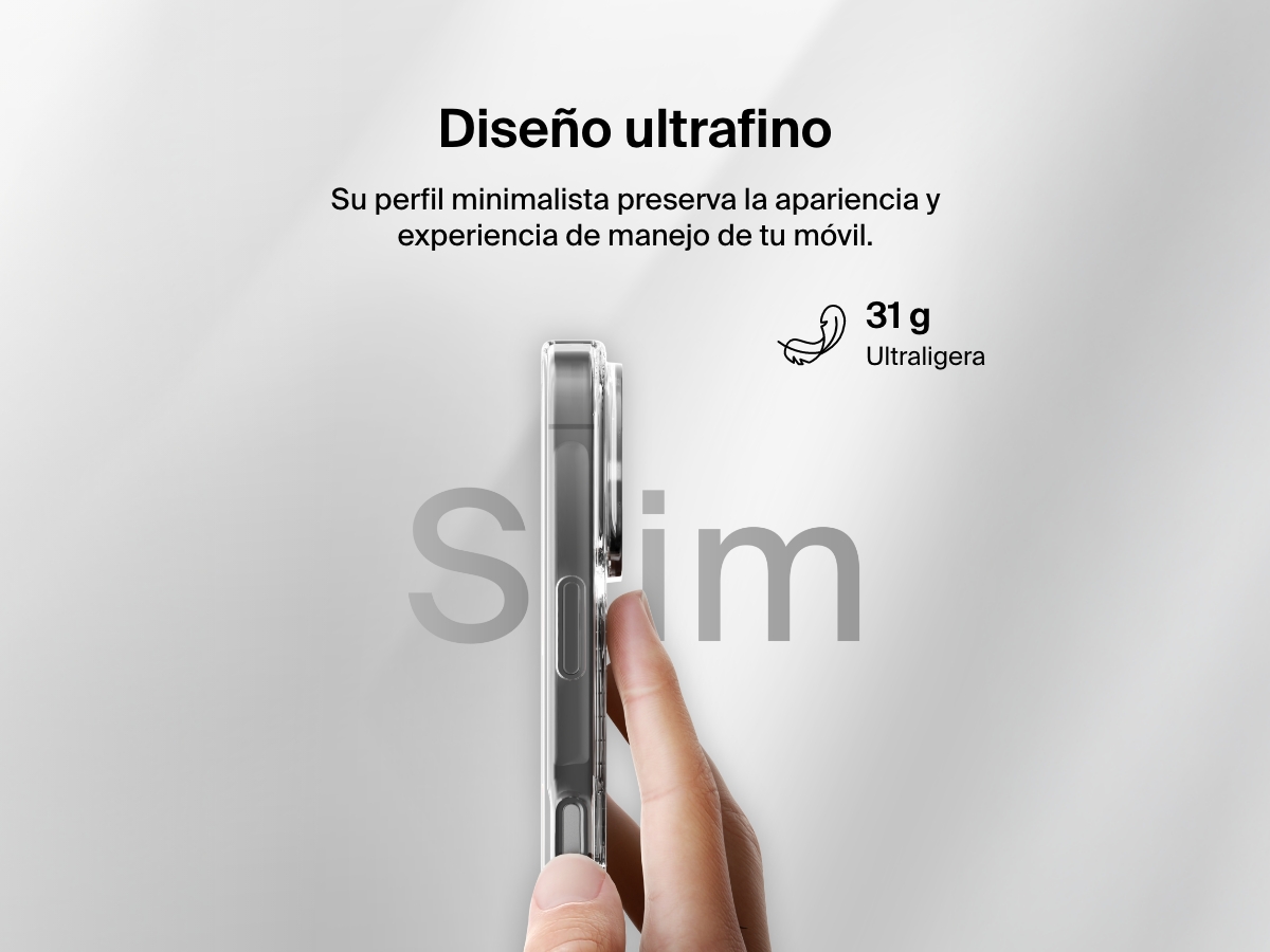 A promotional image showcasing the ultra-thin design of the SheerForce&trade; Magnetic iPhone Case. A hand holds the slim, lightweight case, emphasizing its minimalist form factor that maintains the phone&rsquo;s natural look and feel. The text highlights the 31g ultra-light weight, ensuring a comfortable and sleek user experience.
