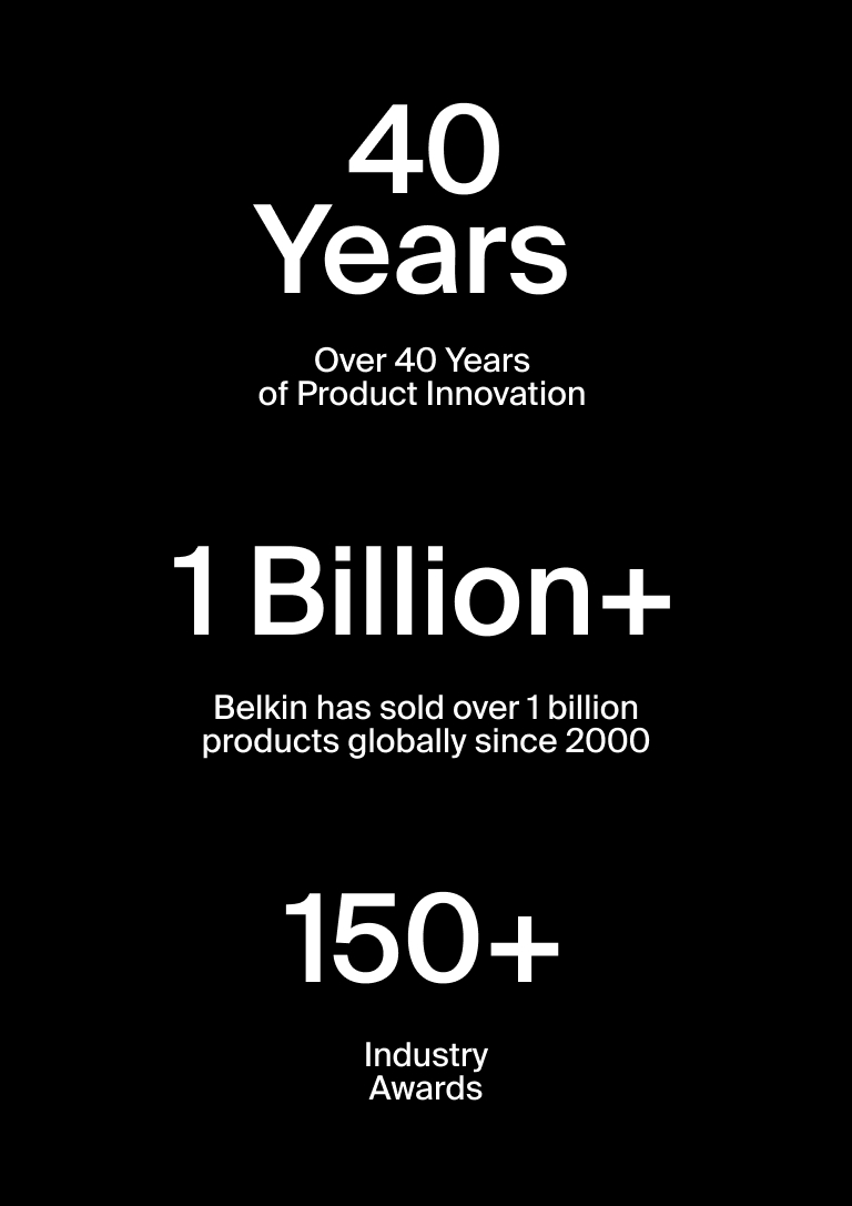 Belkin achievements displayed on a black background: '40 Years of Product Innovation,' '1 Billion+ products sold globally since 2000,' and '150+ Industry Awards.'