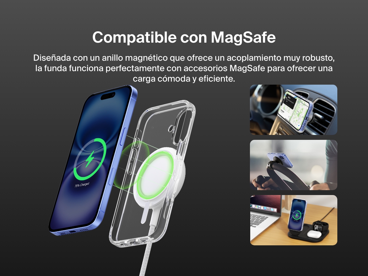 A promotional image showcasing the SheerForce&trade; Magnetic iPhone Case's MagSafe compatibility. The image highlights how the case securely attaches to MagSafe accessories, including car mounts, phone stands, and wireless charging docks, ensuring a seamless and efficient charging experience. The transparent case features a built-in magnetic ring for a strong connection to MagSafe-enabled devices.