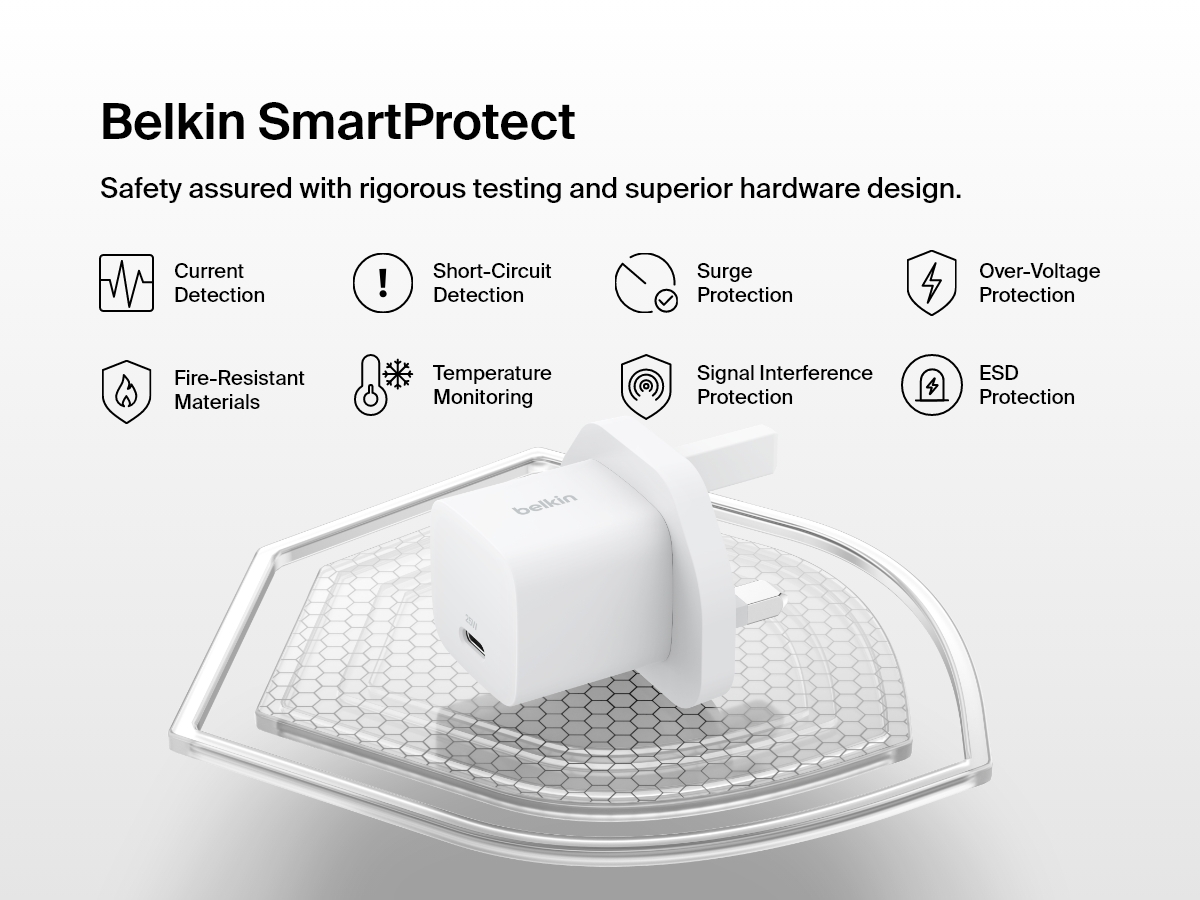 Belkin BoostCharge USB-C Wall Charger 25W shown with Belkin SmartProtect features, including over-voltage, surge, and short-circuit protection for enhanced charging safety.