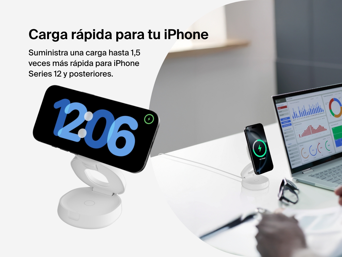 Belkin BoostCharge 2-in-1 Convertible Magnetic Charging Stand with Qi2 15W fast charges an iPhone in both portrait and landscape modes, ideal for desks and workspaces.