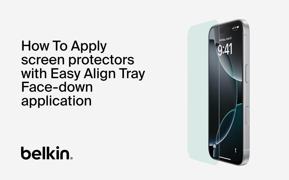Belkin instructional graphic showing how to apply a screen protector using the Easy Align Tray with face-down application. The image includes a smartphone with a screen protector being aligned above it, alongside the text: 'How To Apply screen protectors with Easy Align Tray Face-down application.' Belkin logo appears at the bottom.