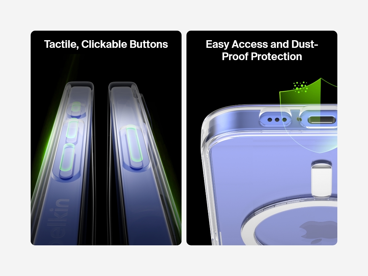 A dual-image showcase of the SheerForce&trade; Magnetic iPhone Case&rsquo;s tactile, clickable buttons and dust-proof protection. The left image highlights the precisely designed buttons that offer a responsive and comfortable press. The right image focuses on the dust-resistant port cutouts, ensuring easy access while protecting against dirt and debris buildup.