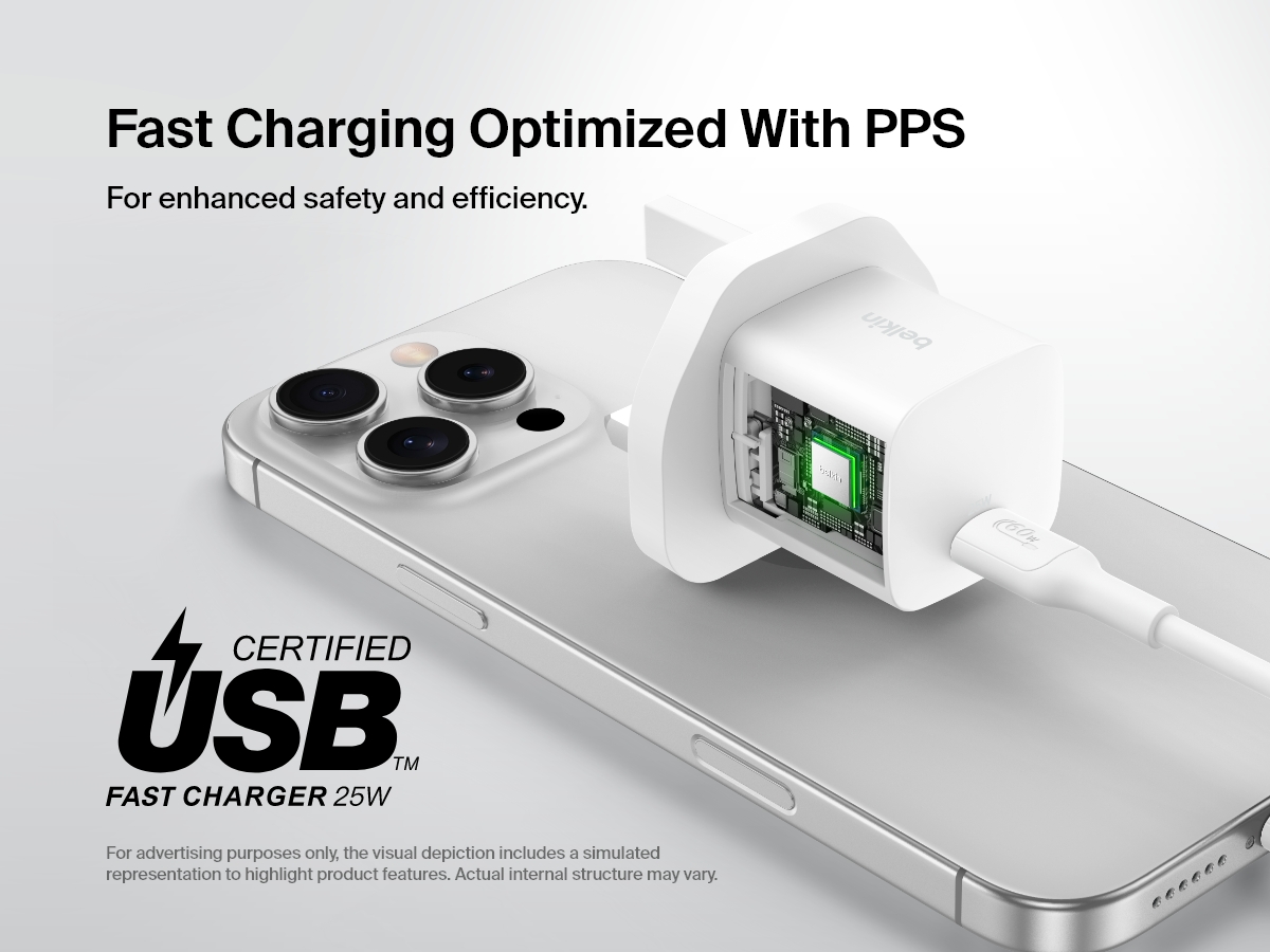 Belkin BoostCharge USB-C Wall Charger 25W shown with a visual cutaway highlighting PPS optimized fast charging for enhanced safety and efficiency.