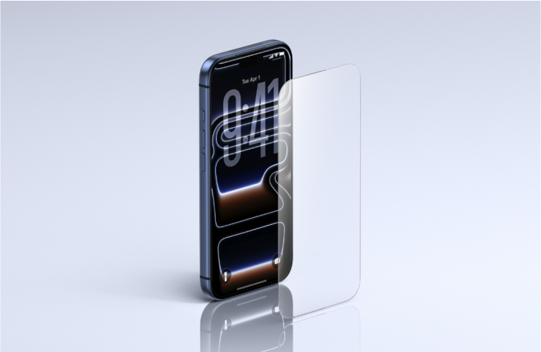 iPhone with screen protector being aligned for installation – premium Belkin tempered glass screen protector designed for iPhone, offering edge-to-edge clarity and advanced scratch resistance.