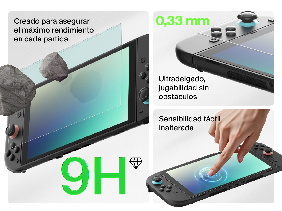 Una imagen promocional resaltando las funciones de un protector de pantalla para Nintendo Switch 2.  A la izquierda se muestra con letra grande y de color verde &laquo;9 H&raquo;, enfatizando su alto grado de dureza y durabilidad con piedras impactando la pantalla. En la esquina superior derecha se muestra un dise&ntilde;o ultrafino de 0,33 mm con la etiqueta &laquo;Listo para jugar&raquo;. En la esquina inferior derecha se hace hincapi&eacute; en la sensibilidad t&aacute;ctil perfecta con un dedo interactuando fluidamente con la pantalla. Todas las im&aacute;genes ilustran la dureza, delgadez y capacidad de respuesta del protector.