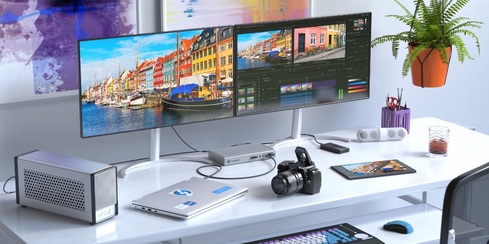 Alt text: A modern workspace featuring a clean white desk with dual monitors displaying a vibrant image of a European harbor and video editing software. The setup includes a laptop with a blue logo, an external GPU enclosure, a professional camera, a tablet, a mechanical keyboard, a wireless mouse, and various office accessories. A potted plant hangs above the desk, and abstract artwork decorates the background wall. The workspace has a sleek, organized, and tech-savvy aesthetic.