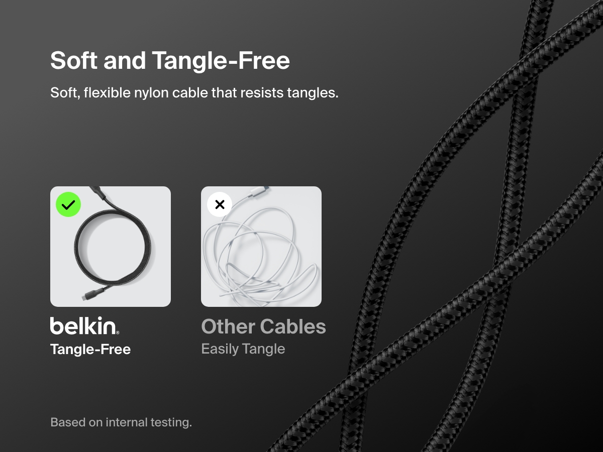 Belkin BoostCharge Pro USB-C to USB-C Braided Cable 240W shown with soft, flexible nylon design that resists tangling compared to standard cables.