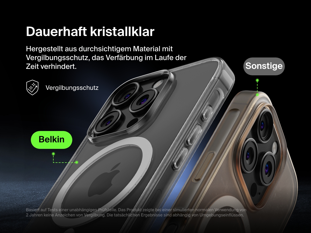 A comparison image showcasing the anti-yellowing technology of the Belkin SheerForce&trade; Magnetic iPhone Case. The Belkin case remains crystal clear over time, while a competing case appears yellowed. The text highlights the long-lasting clarity and resistance to discoloration, ensuring the case maintains its sleek, transparent design even after extended use.