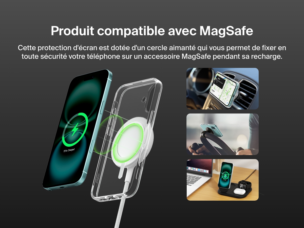 A promotional image showcasing the SheerForce&trade; Magnetic iPhone Case's MagSafe compatibility. The image highlights how the case securely attaches to MagSafe accessories, including car mounts, phone stands, and wireless charging docks, ensuring a seamless and efficient charging experience. The transparent case features a built-in magnetic ring for a strong connection to MagSafe-enabled devices.