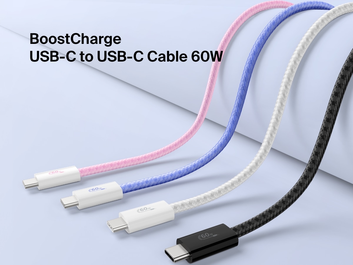 Image showing four color options (pink, blue, white, black) of the Belkin BoostCharge USB-C to USB-C Cable 60W, a fast-charging braided cable designed for USB-C devices.
