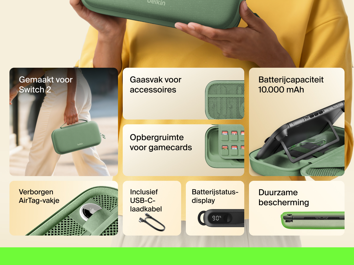 Infographic showcasing the Belkin Gaming Charging Case for Nintendo Switch 2 with features like 10,000 mAh power capacity, game card storage sleeve, USB-C cable, LCD battery indicator, mesh pocket, hidden AirTag pocket, and a durable, protective design.