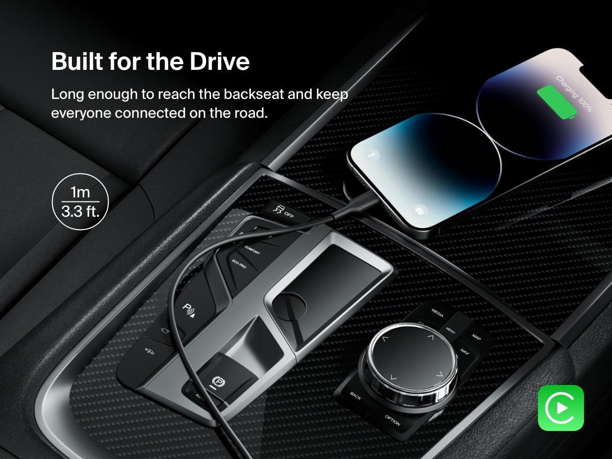 Belkin BoostCharge USB-C Cable with Lightning Connector in a 1m (3.3 ft.) length shown charging an iPhone in a car, ideal for backseat connectivity and Apple CarPlay support.