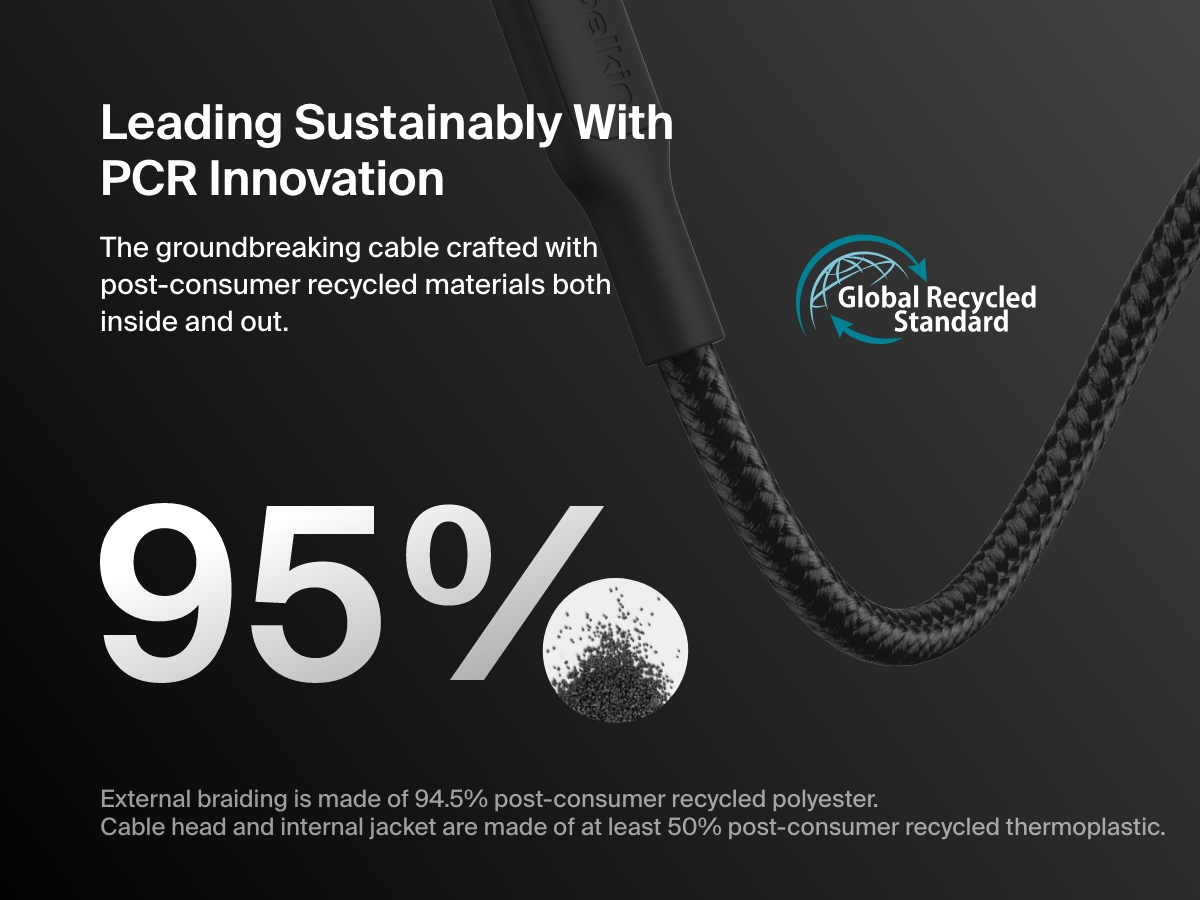 Belkin BoostCharge Pro USB-C to USB-C Braided Cable 240W shown with sustainability callouts highlighting 95% recycled materials and Global Recycled Standard certification.