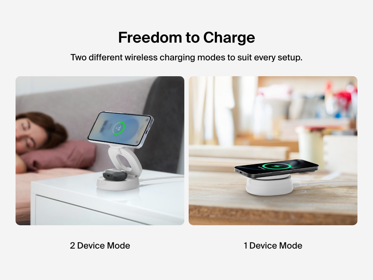 Belkin BoostCharge 2-in-1 Convertible Magnetic Charging Stand with Qi2 15W offers dual-device and single-device wireless charging modes for flexible use at home or on the go.