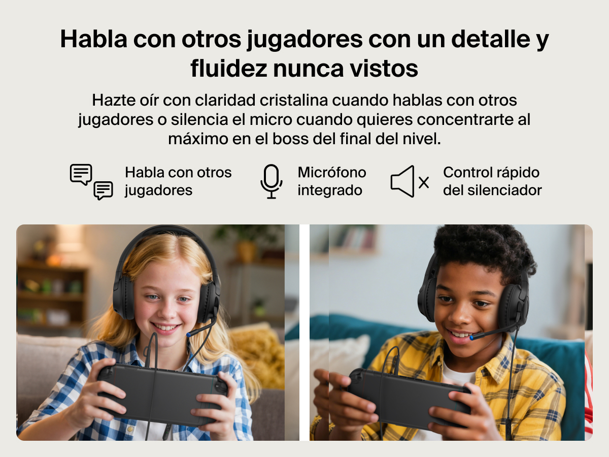 Dos ni&ntilde;os usando los auriculares para ni&ntilde;os Inspire con micr&oacute;fono y cable de Belkin Gaming para Nintendo Switch 2, destacando el micr&oacute;fono integrado, su idoneidad para hablar durante las partidas y el control r&aacute;pido del silenciador para optimizar la comunicaci&oacute;n con otros jugadores.  