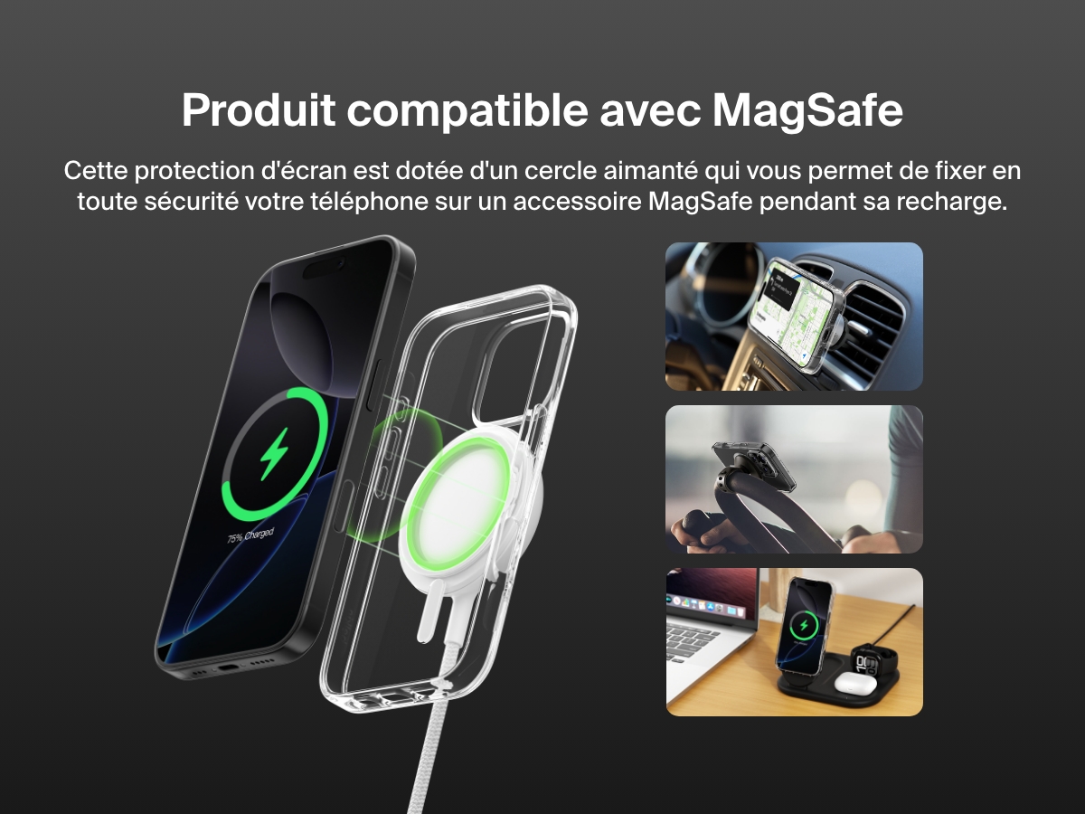 A promotional image showcasing the SheerForce&trade; Magnetic iPhone Case's MagSafe compatibility. The image highlights how the case securely attaches to MagSafe accessories, including car mounts, phone stands, and wireless charging docks, ensuring a seamless and efficient charging experience. The transparent case features a built-in magnetic ring for a strong connection to MagSafe-enabled devices.