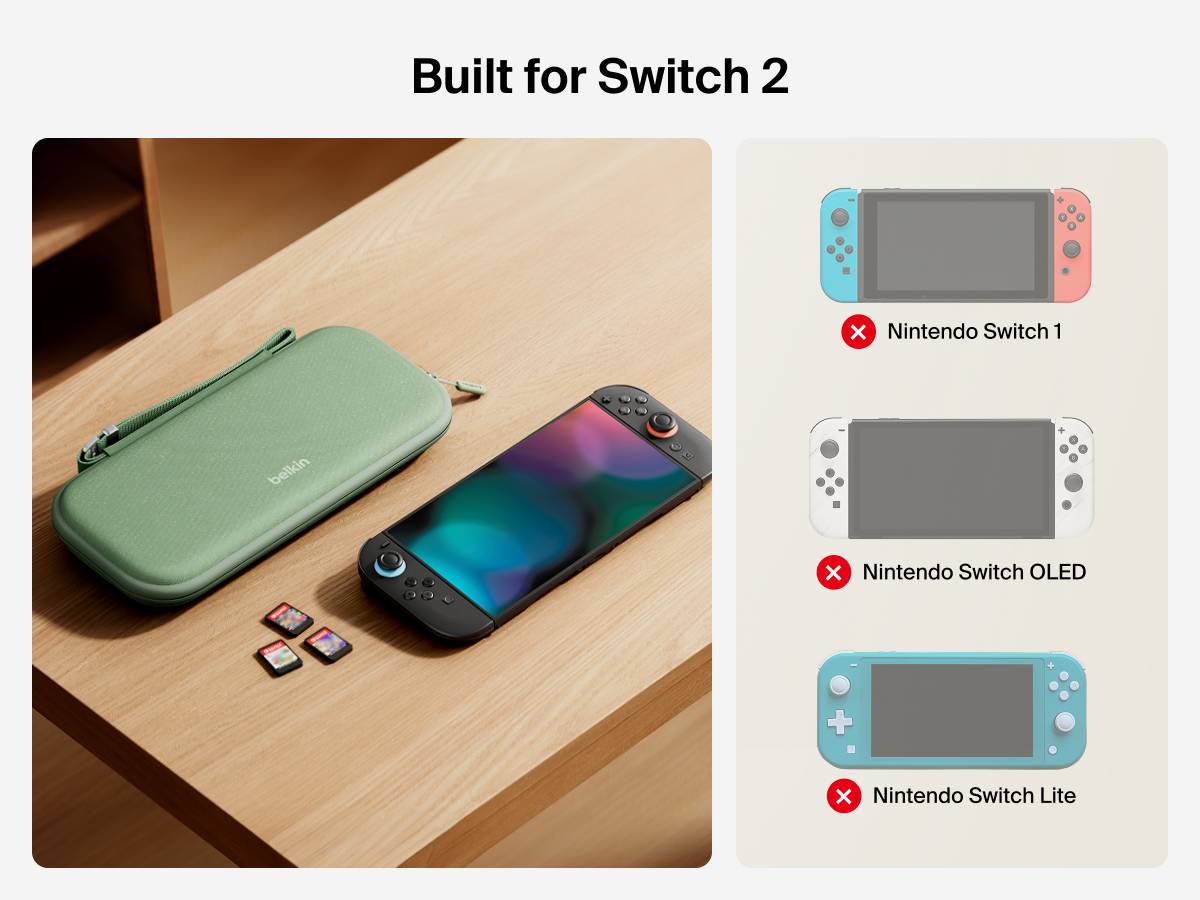 The Belkin Gaming Travel Case is shown beside a Nintendo Switch 2, with icons indicating compatibility exclusively with Switch 2&mdash;not with Switch 1, OLED, or Lite models.