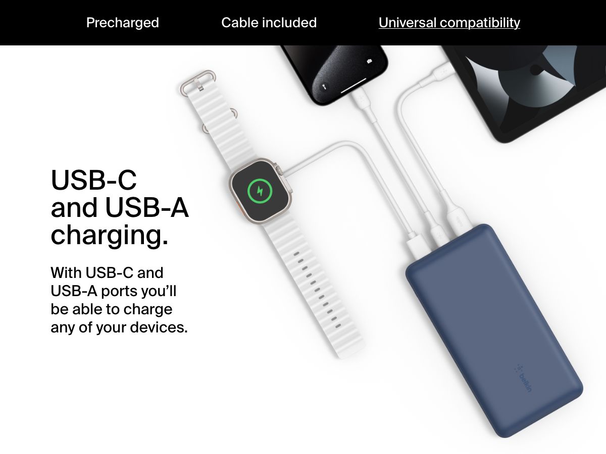 A blue Belkin BoostCharge Power Bank 20K is shown charging a smartwatch, smartphone, and tablet simultaneously via its USB-C and USB-A ports, demonstrating universal device compatibility.