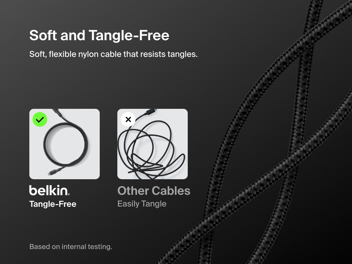 Belkin BoostCharge Pro Braided USB-C to USB-C Cable 60W features a soft, flexible nylon exterior designed to stay tangle-free and outperform standard cables in usability.
