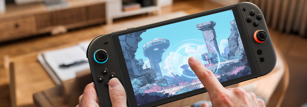 A person holding a handheld gaming console with both hands, using their right index finger to touch the screen, which is protected by a Belkin screen protector. The console displays a colorful sci-fi game featuring futuristic ruins and a glowing circular portal. In the background, a cozy living room with wooden furniture and a warm atmosphere is visible.