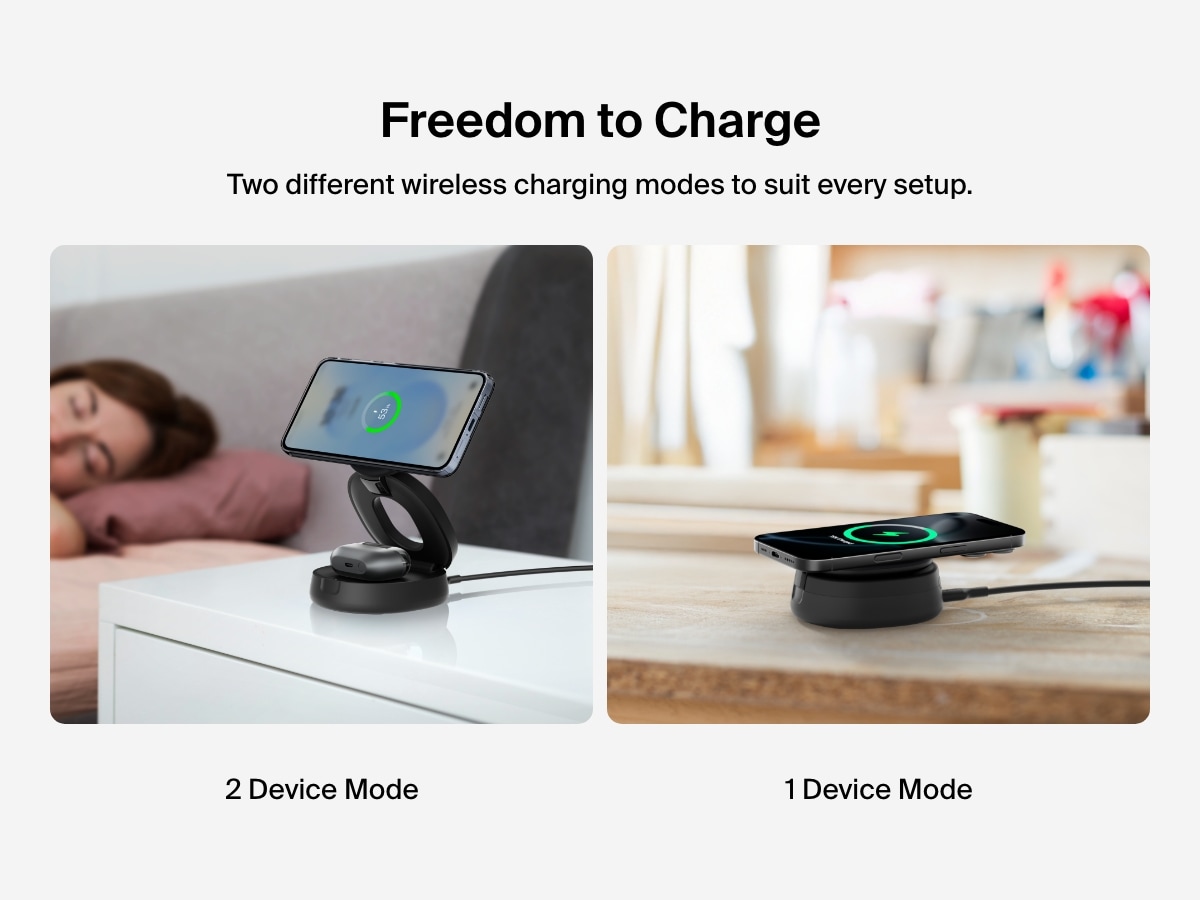Belkin BoostCharge 2-in-1 Convertible Magnetic Charging Stand with Qi2 15W offers dual-device and single-device wireless charging modes for flexible use at home or on the go.