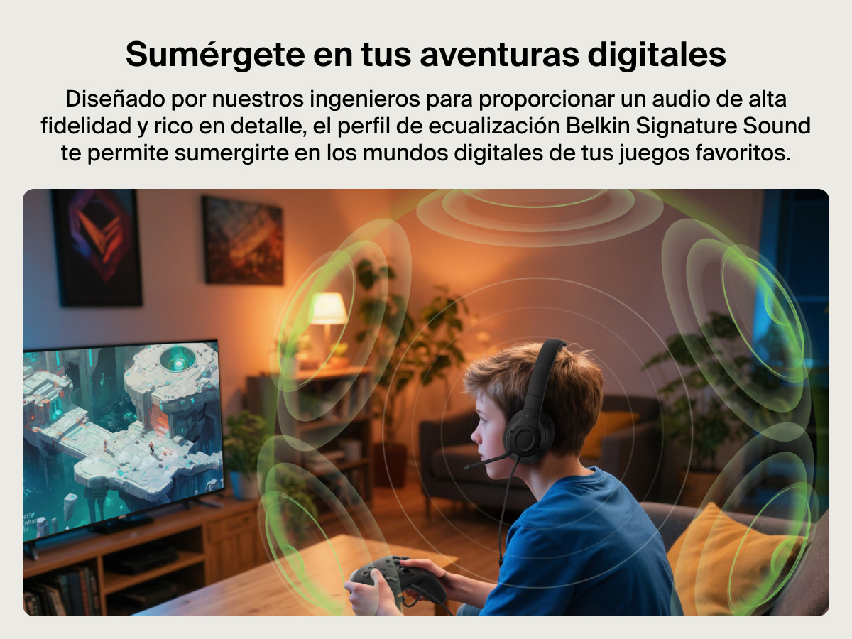 Un ni&ntilde;o llevando puestos los auriculares para ni&ntilde;os Inspire con micr&oacute;fono y cable de Belkin Gaming para Nintendo Switch 2 mientras juegan en una televisi&oacute;n y con una ilustraci&oacute;n de ondas de audio que representa el inmersivo perfil de ecualizaci&oacute;n Belkin Signature Sound.
