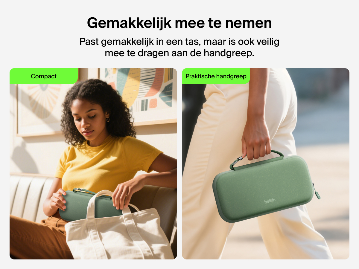 Belkin Gaming Travel Case for Nintendo Switch 2 shown being packed into a tote and carried by its handle, highlighting its portable size and easy-grip convenience for travel.